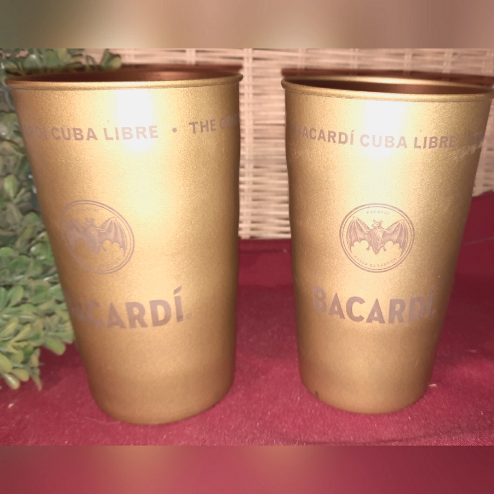 Set of 2 Bacardi Glasses Gold Metal Cups Bacardi Glasses Promo with Bat Logo NEW